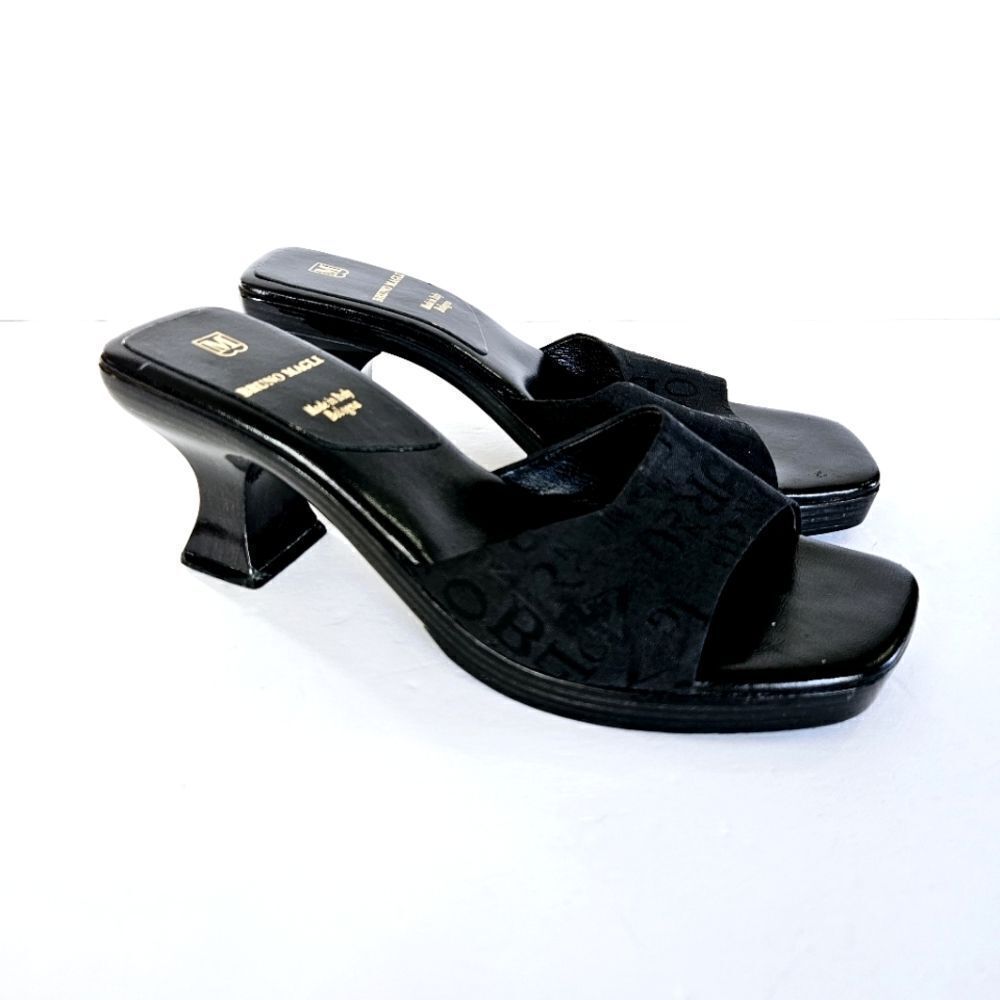 Vintage Bruno Magli Y2K Square Toe Black Monogram Logo Open Toe Sandal Mule 8